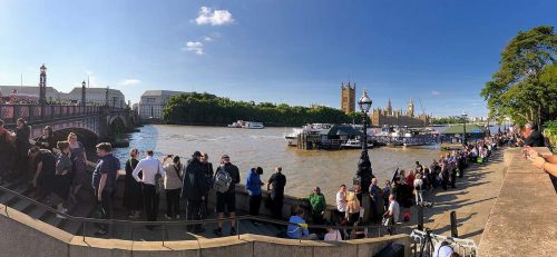 The Queue along the Albert Embankment and crossing Lambeth Bridge on the afternoon of 14 September 2022 after the Queen's coffin arrived at the Palace of Westminster for its lying in state.