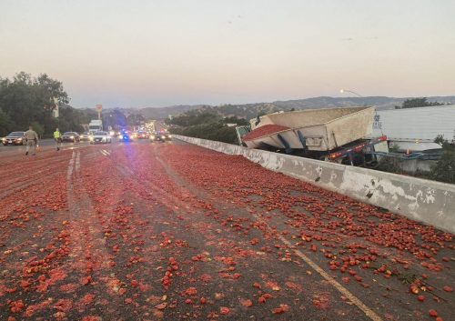 Traffic jam caused by truck spilling tomatoes all over highway I-80 near Vacaville, California. Tire tracks through squashed tomatoes can be seen in the foreground. Lights of backed up cars are in the distance, and to the right is the truck with tomatoes still spilling out of it.