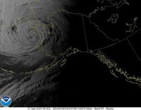 A satellite image showing Typhoon Merbok in the Bering Sea headed toward Alaska's west coast.