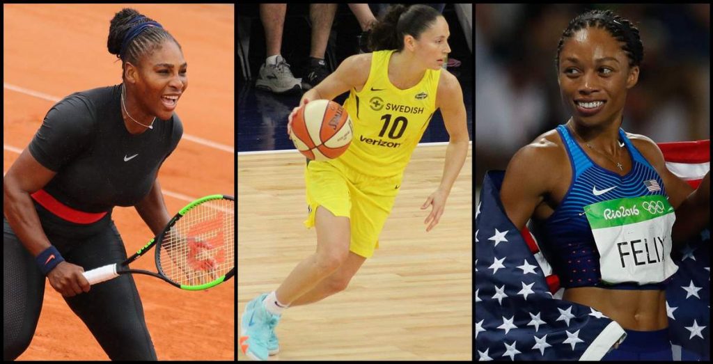 Composite image of Serena Williams, Sue Bird, and Allyson Felix.