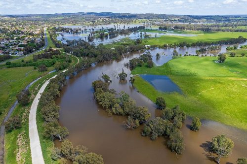 Aerial view of flooding of low-lying areas in Moorong, New South Wales, Australia in October, 2022.