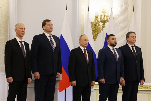 President Vladimir Putin with Russian-installed leaders of the four regions annexed by Russia.