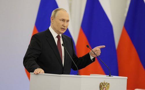 Vladimir Putin during a speech at the ceremony of signing agreements on the annexation of the DPR, LPR, Zaporozhye, and Kherson regions to Russia.