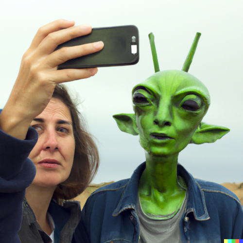 A DALL E 2 generated image of a woman taking a selfie with an alien