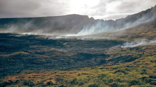 Smoke still rises from a large black patch in the grassland after a fire on Easter Island.
