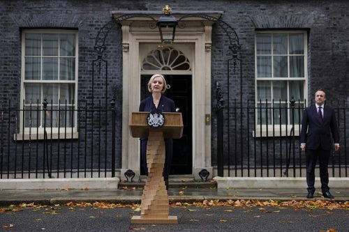 UK Prime Minister Liz Truss gives a speech in front of Number 10 Downing Street, announcing that she is resigning.