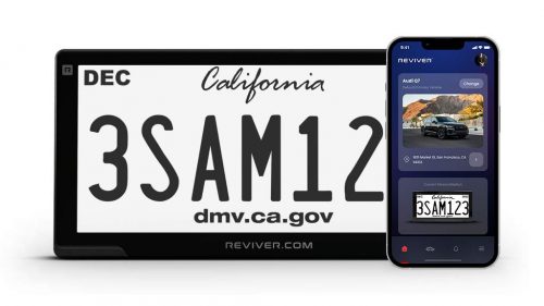 An image showing a digital version of a California license plate along with a cell phone displaying an app for managing the plate.
