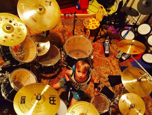 Seba Stephens with his professional drum kit at four years old.