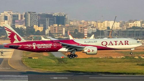 Qatar Airways Boeing 777 in FIFA World Cup 2022 Livery in flight.