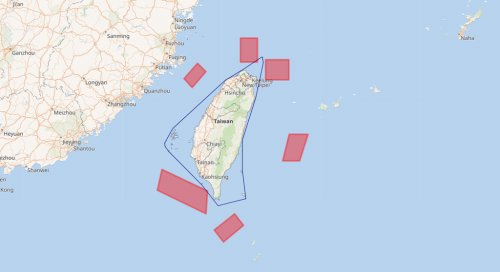 Areas where People's Liberation Army exercises were scheduled to take place between 4–7 August, 2022.