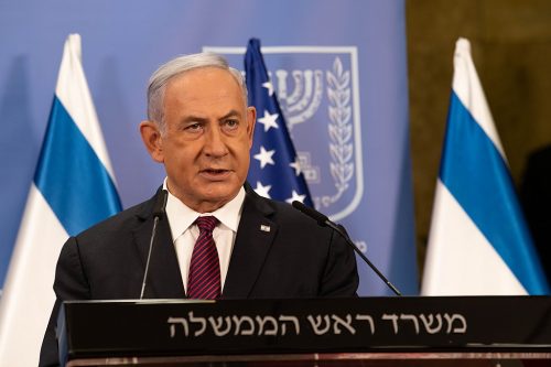 Israeli Prime Minister Benjamin Netanyahu speaks during a press conference in April, 2021 in Israel.