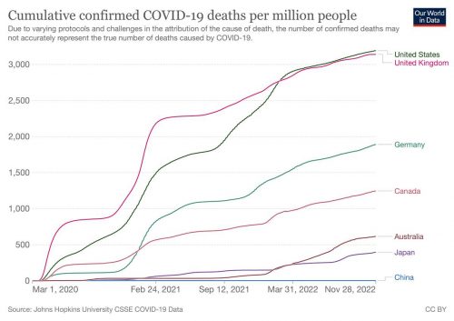 Graph comparing cumulative confirmed COVID-19 deaths per million people by country.