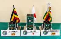 The Joint Global Multi-Nation Birds Project - 5 (BIRDS-5 Project) satellite constellation developed by Uganda, Zimbabwe, and Japan sits on table prior to launch.
