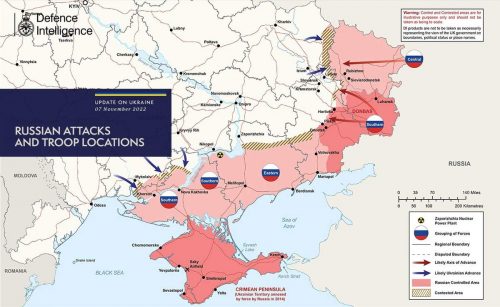 Map showing Russian attacks and troop locations, as of November 7, 2022.