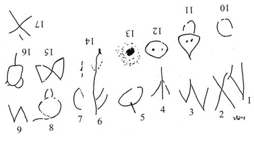A drawing of the writing found on the side of a 3,700-year-old comb.