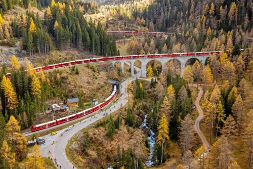 Aerial view of the world record attempt with the longest passenger train on the UNESCO World Heritage line 'Albula' on October 29, 2022 in Berguen in Graubünden/Switzerland.