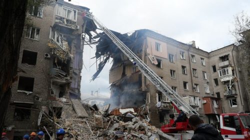Destroyed and smoking apartment building in Zaporizhzhia after Russian shelling on October 10, 2022.