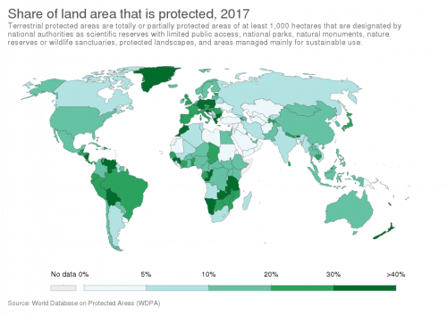 Map showing percent of land area that is protected by country as of 2017.