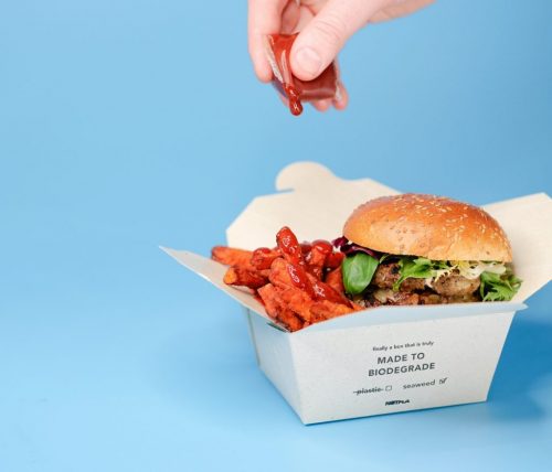 A NOTPLA takeout box holding a hamburger. A hand is squeezing ketchup out of a NOTPLA sachet.