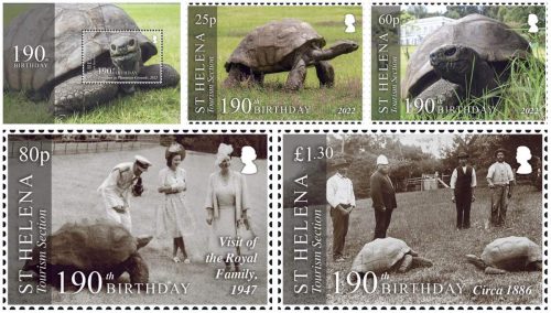 A series of stamps with images of Jonathan the tortoise.