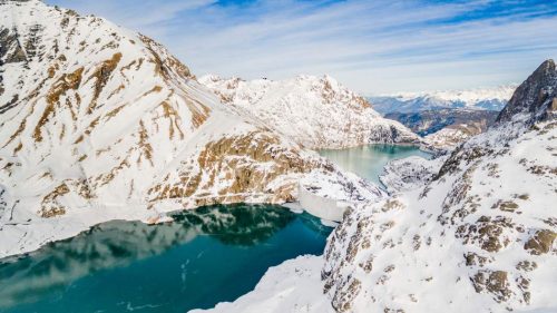 Vieux Emosson lake, view on the Emosson lake 300 m below.