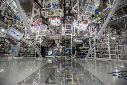 The target chamber of LLNL’s National Ignition Facility, where 192 laser beams delivered more than 2 million joules of ultraviolet energy to a tiny fuel pellet to create fusion ignition on Dec. 5, 2022.