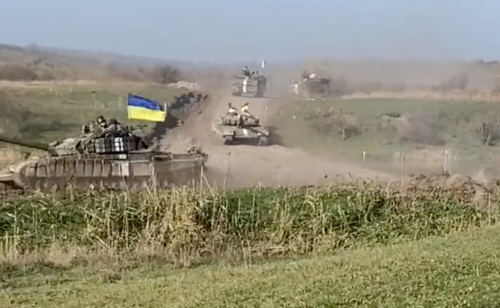 A column of Ukrainian tanks liberating territory in Southern Ukraine.