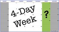 An image of a calendar month with a large question mark on Fridays colored green. The words 4-Day Week are superimposed on the calendar in large letters at an angle.