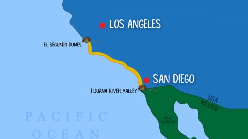 A simple map showing the historic range of the Pacific pocket mouse.