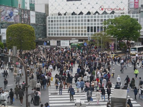 View of crowds at Shibuya Crossing, Tokyo, Japan