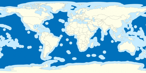 International waters are the areas shown in dark blue in this map, i.e. outside exclusive economic zones, which are in light blue.