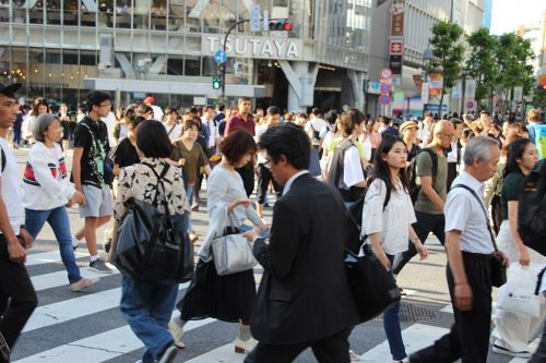 Closeup of pedestrian crowd in Shibuya Crossing, Tokyo, Japan
