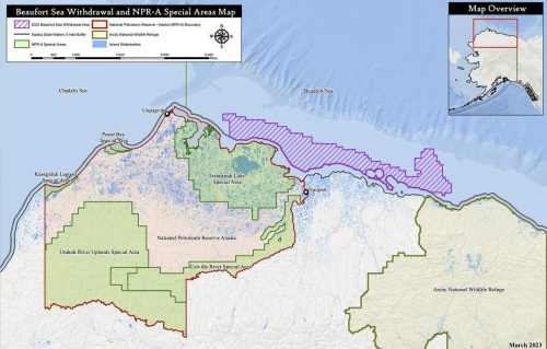 This map indicates the Beaufort withdrawal zone as proposed by the Biden-Harris administration. This area is intended to be indefinitely off limits for future oil and gas development