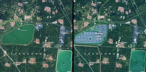 Left, aerial image of Shandong from September 20, 2020 with no solar on reservoir. Right, image from August 17, 2022, showing a new floating solar system on a reservoir near Dezhou in China’s Shandong province.