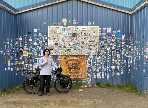 Liam Garner at the start of his bike trip in Prudhoe Bay, Alaska on August 1, 2021.