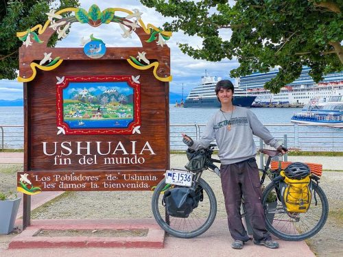 Liam Garner at the end of his bike trip in Ushuaia, Argentina on January 10, 2023.