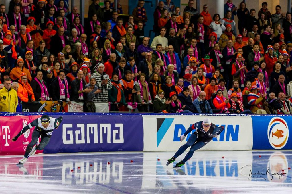 Jordan Stolz (right) races Yuma Murakami in the 500-meter race at the 2023 Speed Skating World Championships in Heerenveen in the Netherlands on March 3, 2023.