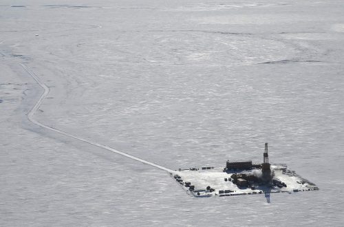 North Slope Alaska oil rig during winter drilling.