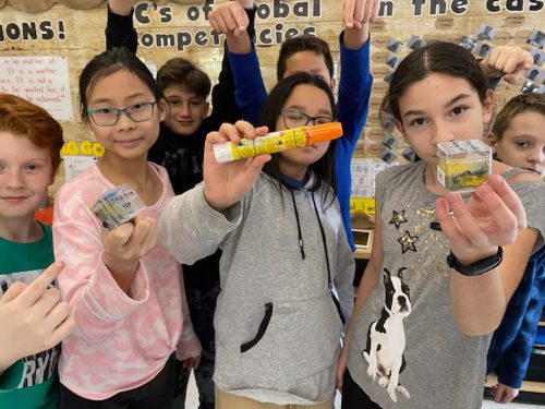 Students holding an EpiPen and two cubes used the experiment.