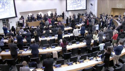 People representing the countries of the world clap after finally agreeing on the High Seas Treaty.