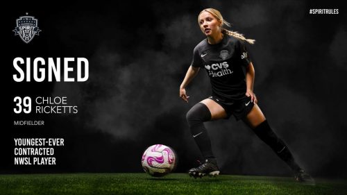 Promotional image of Chloe Ricketts with a soccer ball on a black background, on joining Washington Spirit in 2023 at age 15. The text says "SIGNED, 39, Chloe Ricketts, Midfielder, Youngest-ever contracted NWSL player".