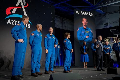 François-Philippe Champagne, right, the minister responsible for the Canadian Space Agency, addresses a crowd assembled for the Monday, April 3, 2023, announcement of the Artemis II crew. From left to right are NASA astronauts Reid Wiseman, Victor Glover, and Christina Hammock Koch, and CSA astronaut Jeremy Hansen.