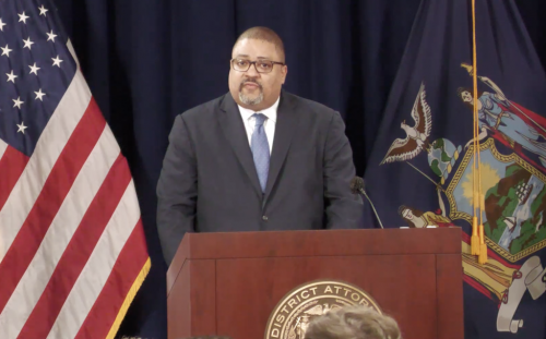 Manhattan District Attorney Alvin Bragg during a press conference after Trump's arraignment on April 4.