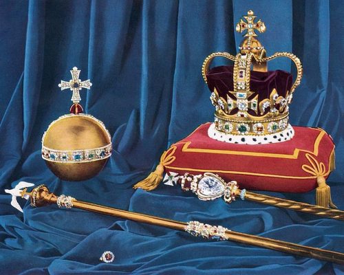 St. Edward's Crown, and the sovereign's orb, sceptres and ring.