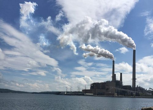 Smoke pours from two smokestack of the Mount Storm Power Station