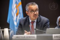WHO leader Dr Tedros Adhanom Ghebreyesus shown during a WHO meeting in May, 2022.