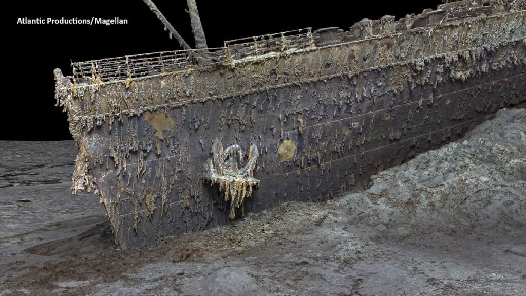 Image of the bow of the Titanic from a 3D scan.