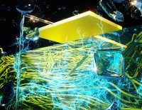 Water droplets suspended in the air fall on the spaghetti-like nanoporous material, generating electricity that flows through the electrodes (yellow rectangle) to power whatever needs powering.