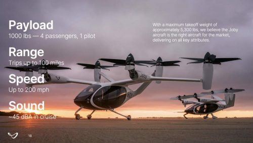 Two of Joby Aviation's aircraft with stats superimposed on them.