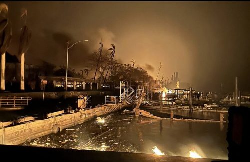 Damage in the harbor of Lahaina on the island of Maui following a devastating wildfire, via the U.S. Coast Guard.
